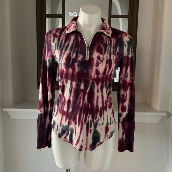 Chaser Tie Dye Sweatshirt Quarter Zip Burgundy Cream Pink Top Size XS - Picture 9 of 14